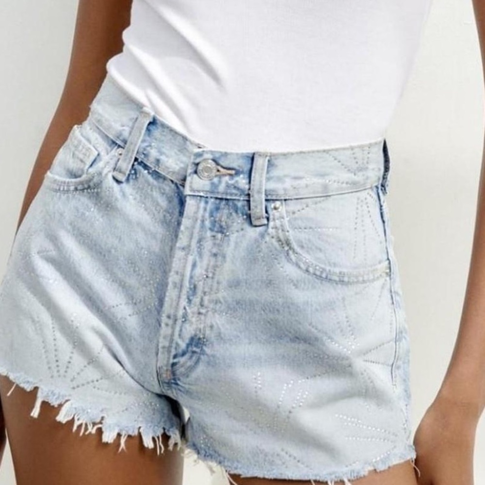 Zara Light Blue Rhinestone Burst Denim Cutoff Shorts 100% cotton frayed hem high